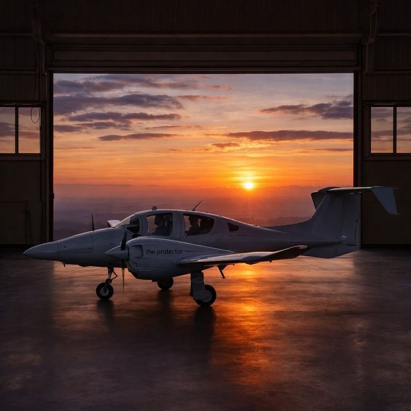 The Protector — Arc Angel Aviation DA62 in the hangar at sunset